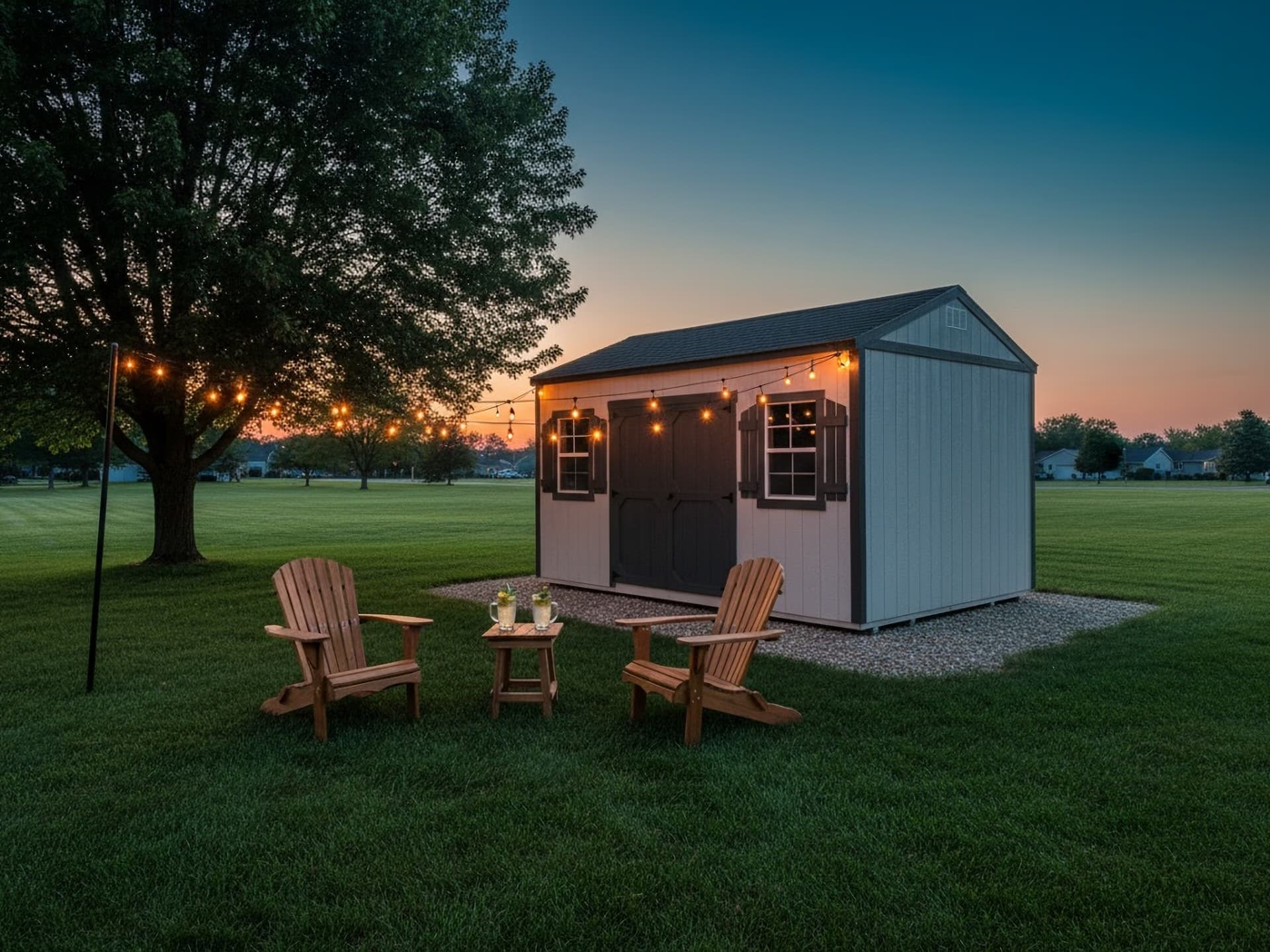 Backyard shed with string lights, Adirondack chairs, and gravel pad at sunset