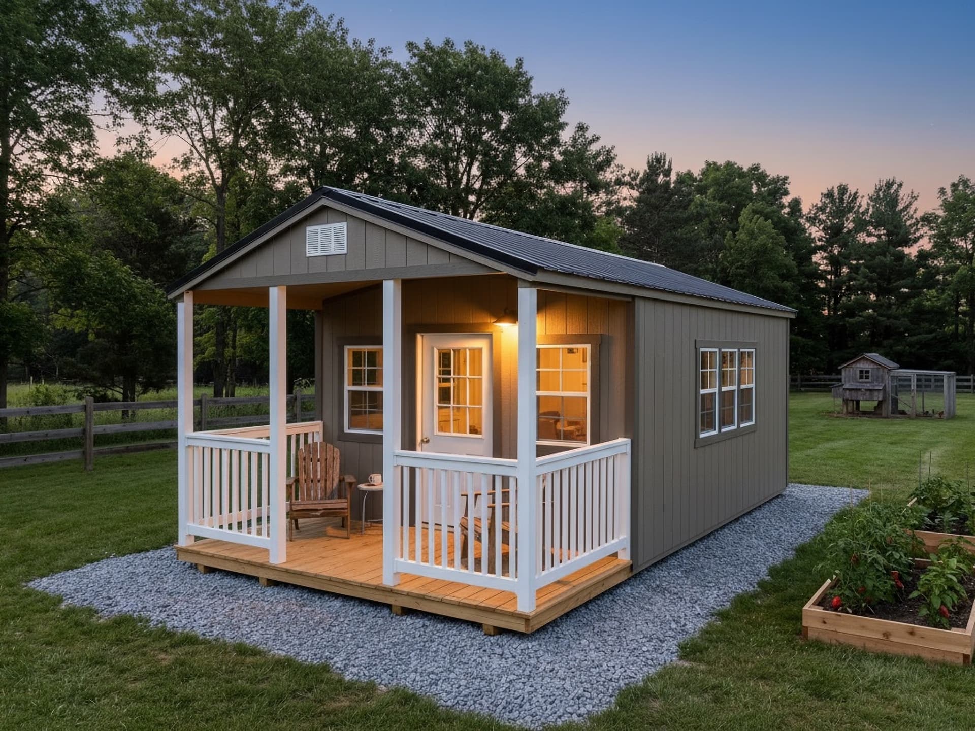 Amish-built cabin with a lit covered porch and raised garden beds at dusk on a Southern Michigan property