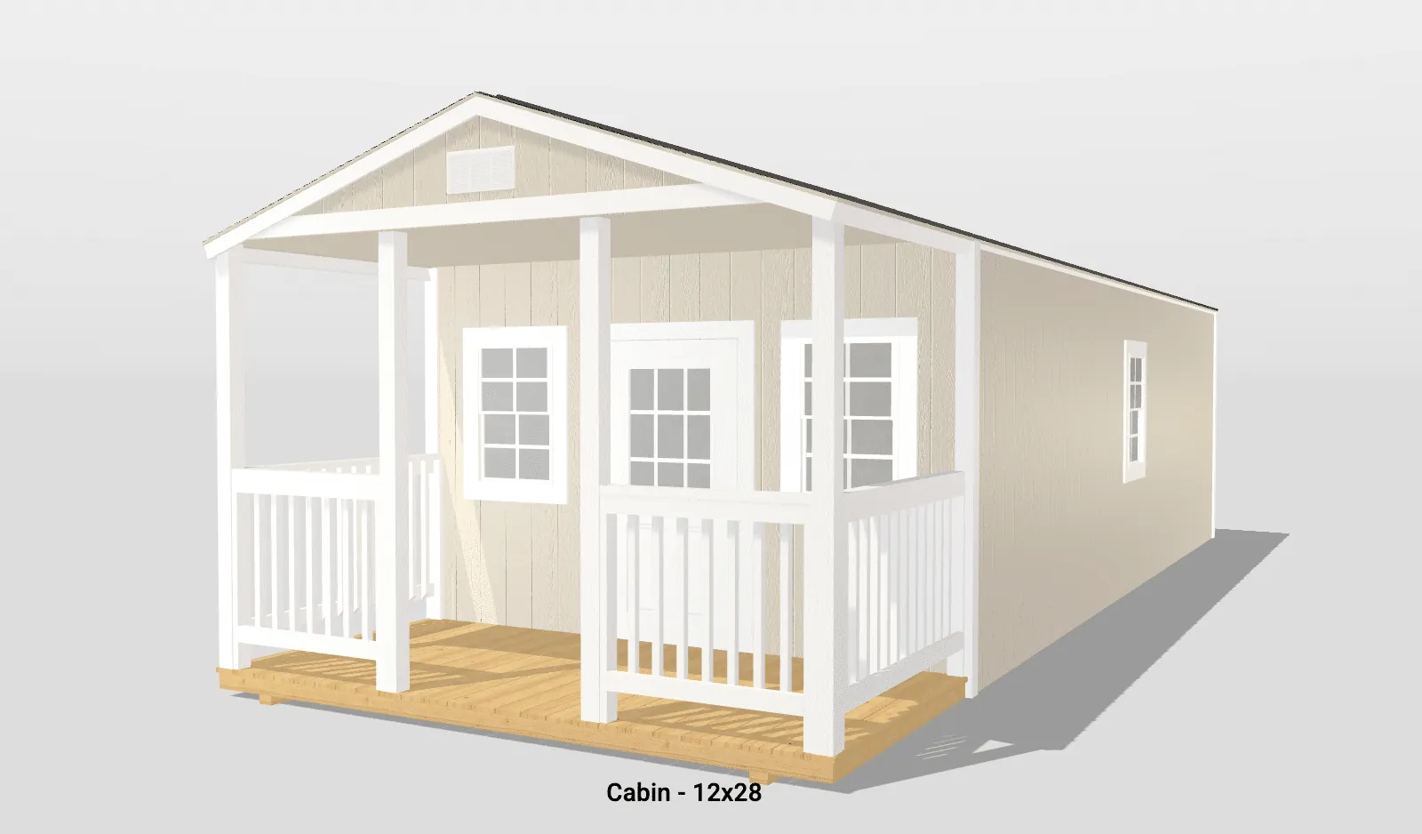 Beige cabin with white porch, 12x28 dimensions.