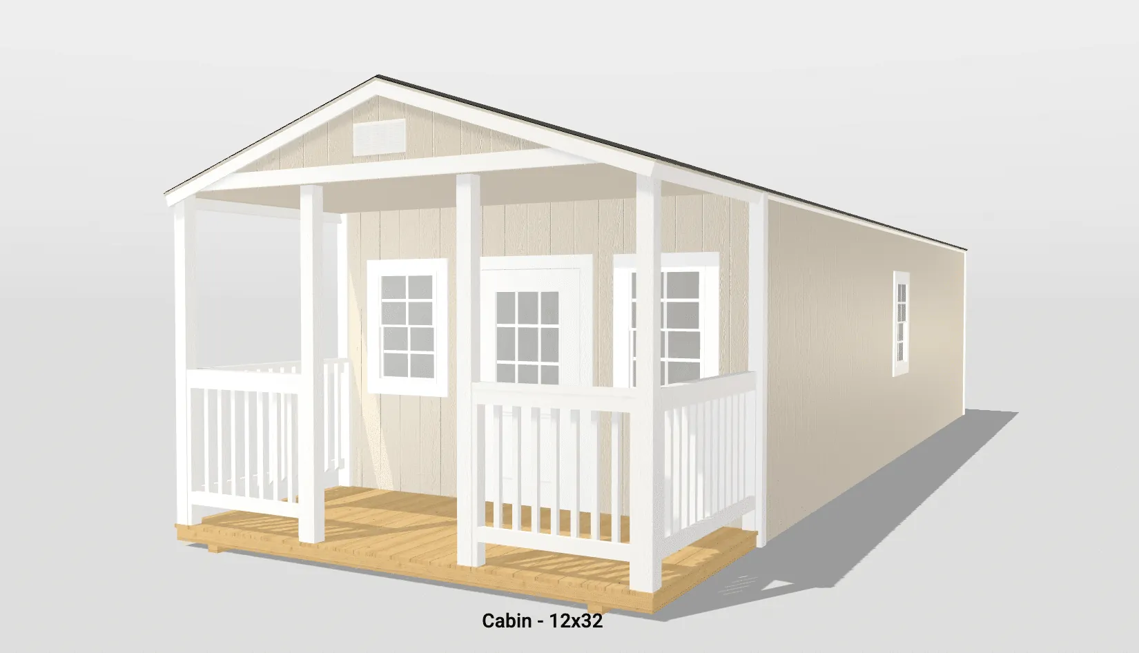 Small beige cabin with porch, 12x32 size