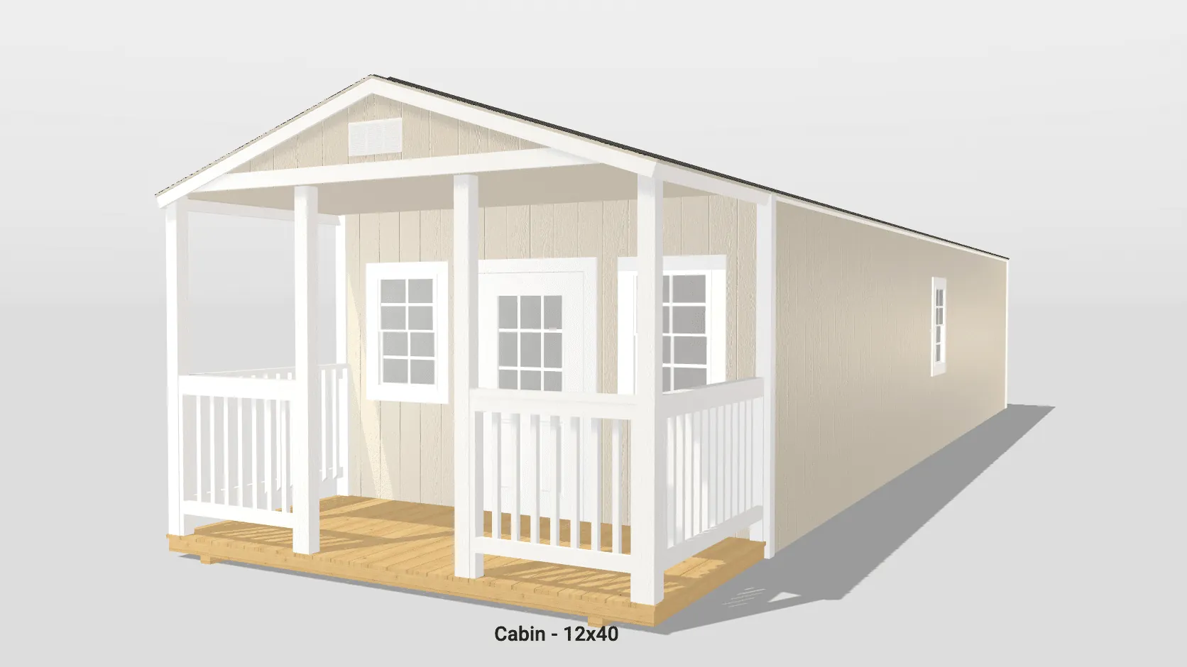 3D rendering of a 12x40 cabin with porch.