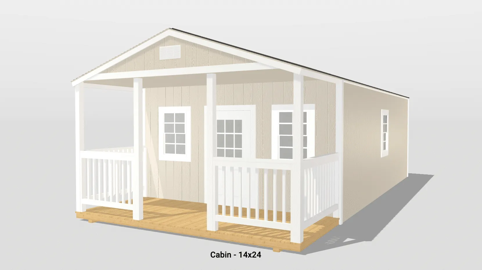 Small beige cabin with porch and windows.