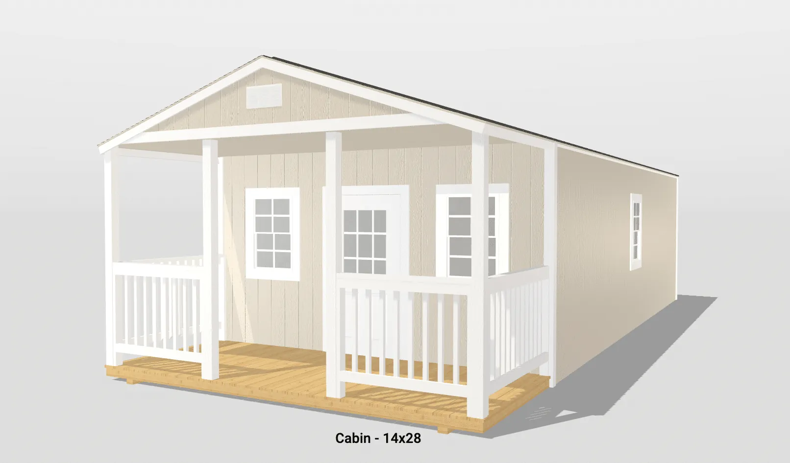 Prefab cabin with porch, beige siding.
