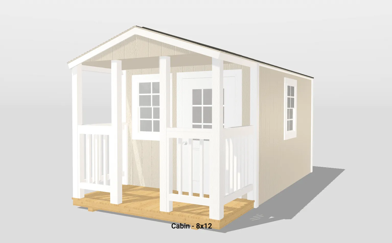 Small beige cabin with porch and windows
