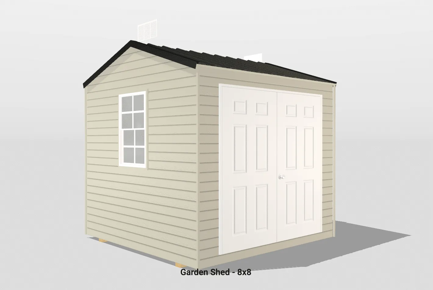 Charming 8x8 garden shed with double doors, window, and durable light-colored siding.