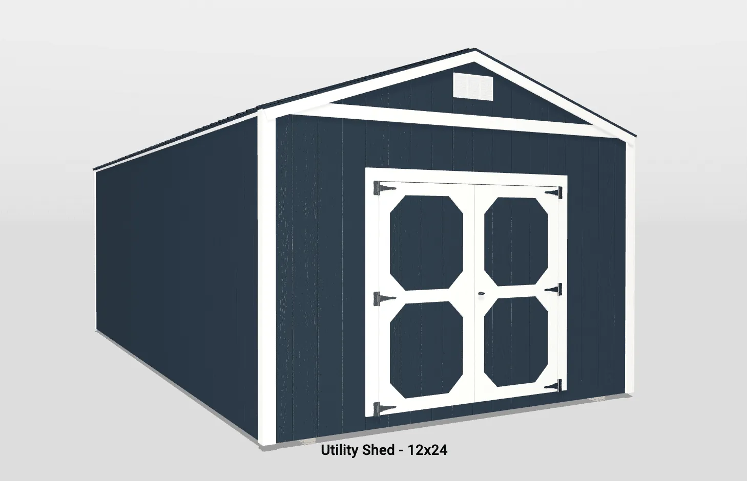 Navy blue 12x24 utility shed with gable roof and double octagonal doors for easy access.