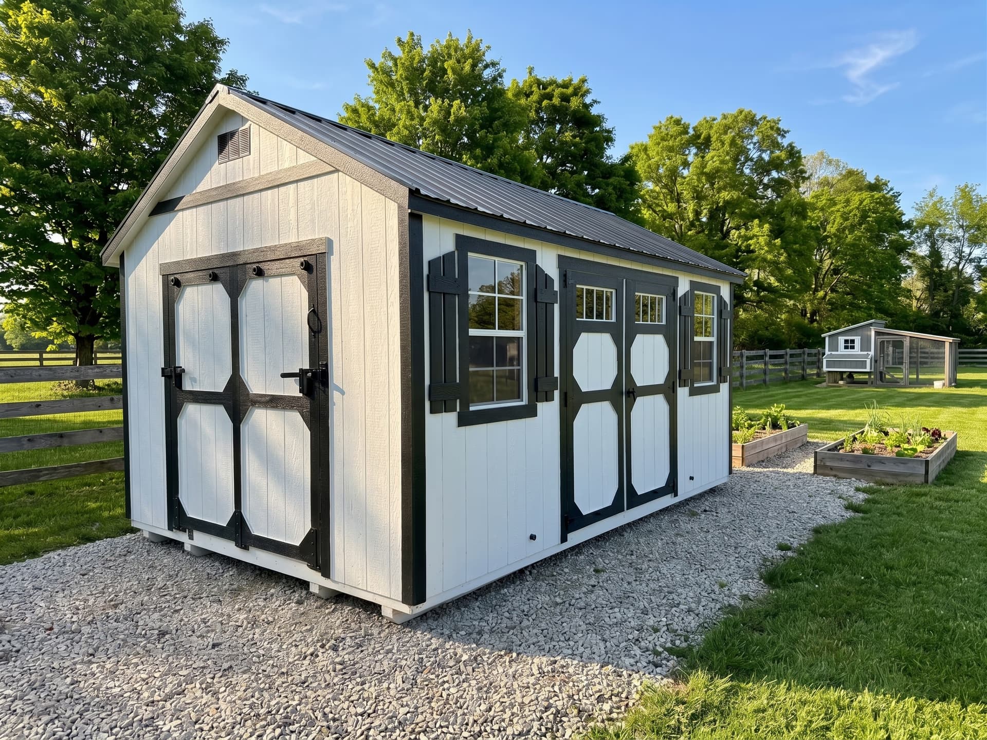 Amish-built white deluxe garden shed on a Michigan property