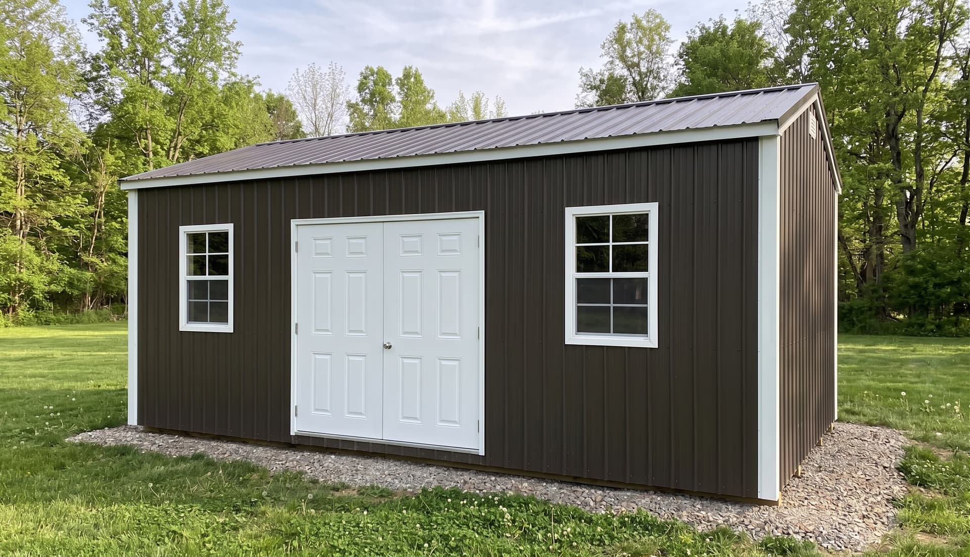 Brown Amish-built metal garden shed with white double doors and two windows