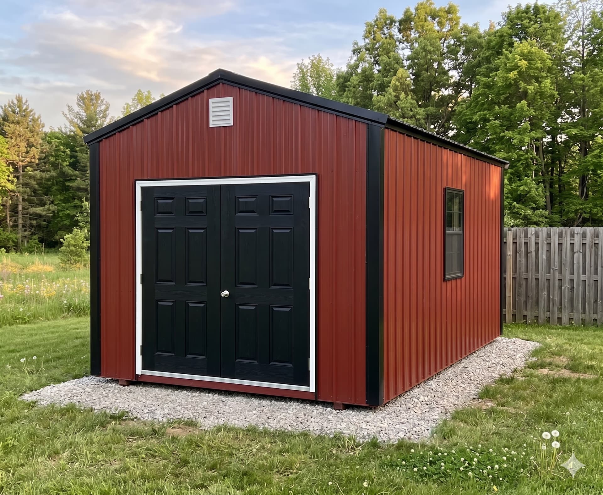 Red Amish-built metal utility shed with black double doors on a gravel pad